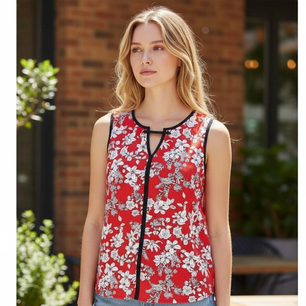 NWT Liz Claiborne Career Floral‎ Grommet Sleeveless Top L Red 74H
